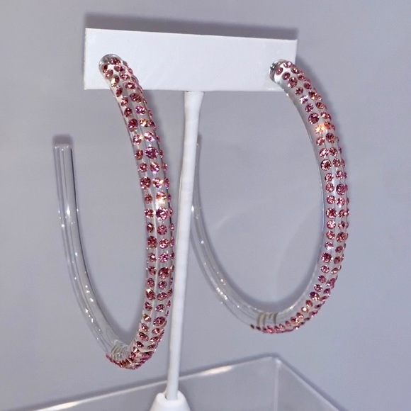 Large Oversized Clear Acrylic Hoop Earrings with Pink Swarovski Crystals - Picture 14 of 14